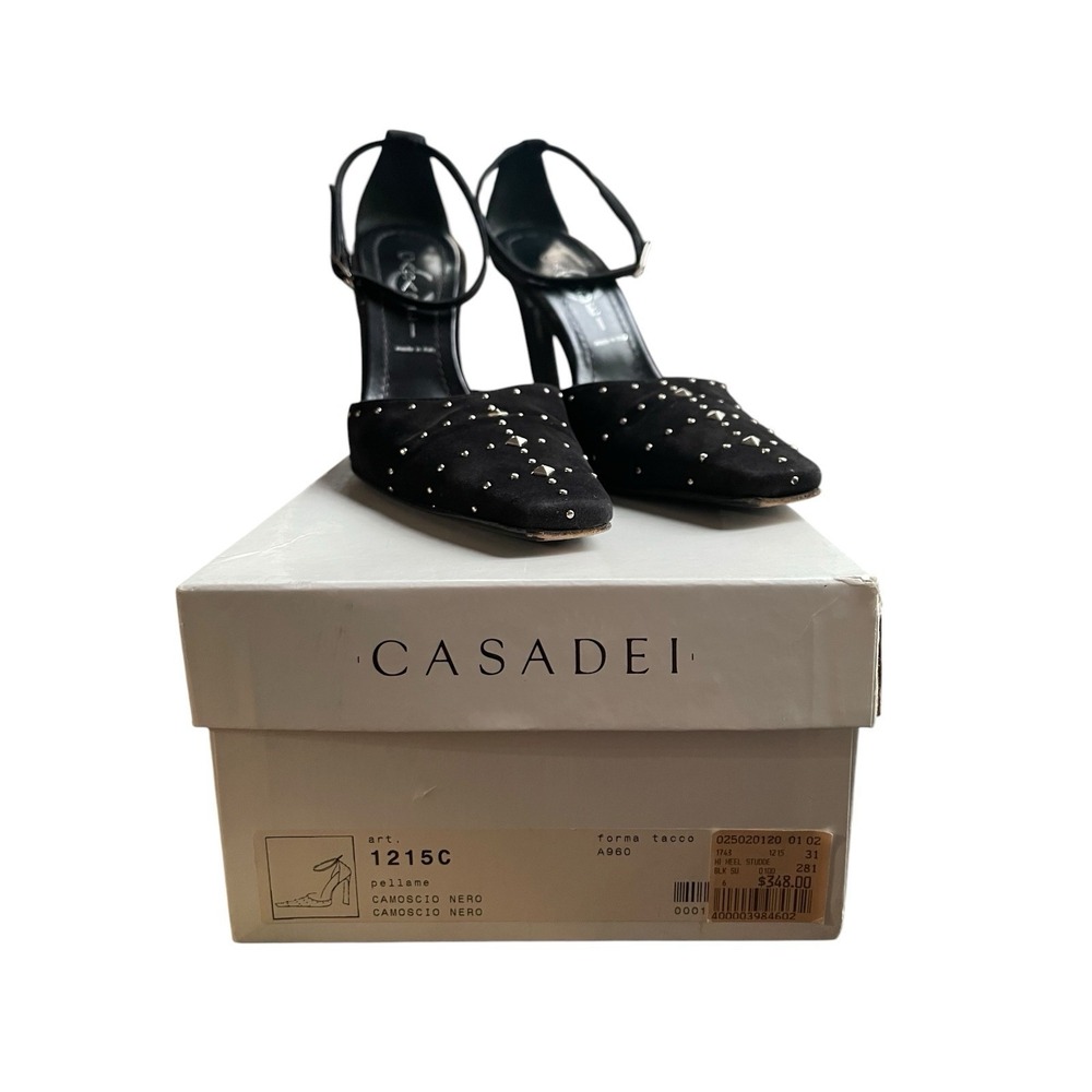 CASADEI Black Suede Studded Pointed Toe Heels Size 6 Made in Italy Retail $348 - Picture 8 of 8